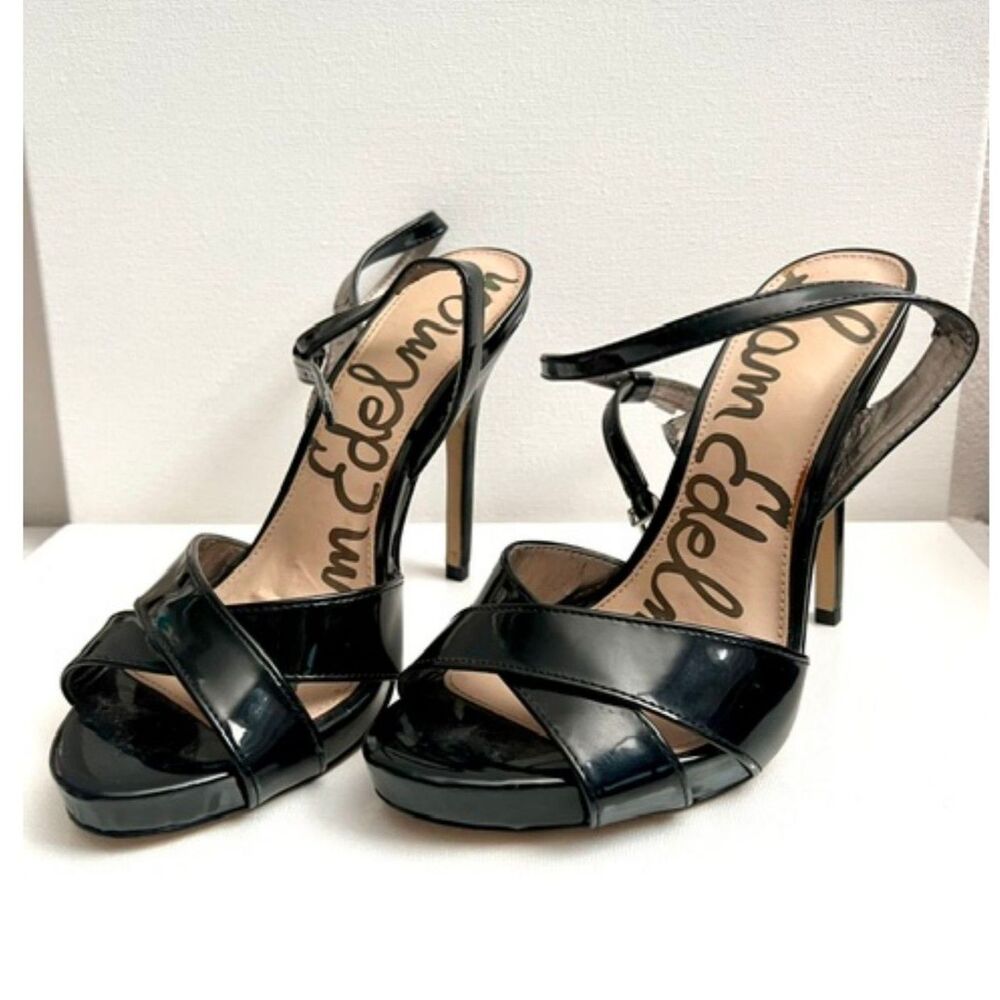 Sam Edelman Eliza Women Designer Slingback 5" Stilleto Heels Sz 8.5 Black Patent